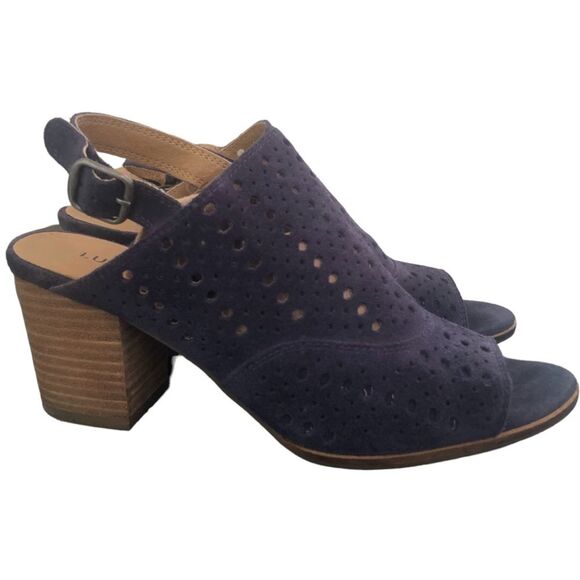 Lucky Brand Women Sz 6.5 Laser Cut Slingback Open Toe Block Heels Sandals - Picture 1 of 9